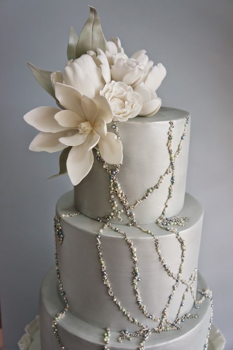 Wedding Cake Designs Pearls, Wedding Cake Pearls Elegant, Wedding Cakes Pearls And Flowers, Pearl And Floral Wedding Cake, 4 Tier Pearl Wedding Cake, Bling Wedding Cakes, Pretty Wedding Cakes, Dream Wedding Cake, Bridgetown