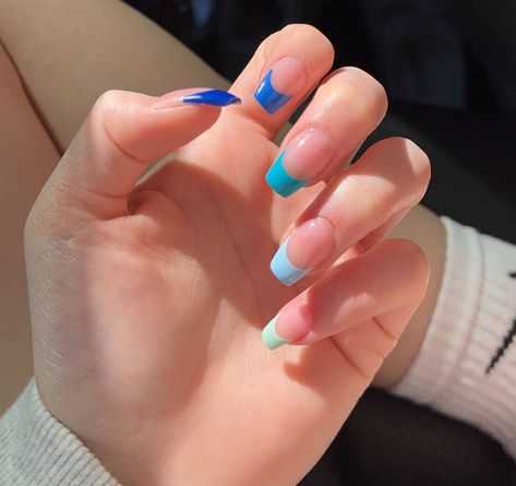 Blue Shades French Tip Nails, Blue Ombre French Tip Nails Almond, Blue And Green Tip Nails, Blue And Green French Nails, Two Tone French Tip Nails Blue, Blue French Tip Nails Different Shades, Coloured French Tip Nails Coffin, Multi Blue French Tip Nails, Blue Nails Extensions