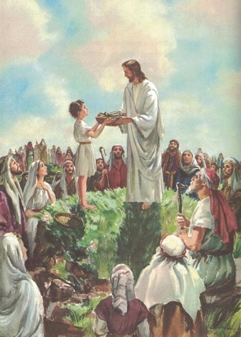 Feeding the 5000 Jesus Feeding The 5000, Feeding The 5000, Jesus Feeds The 5000, Feeding Of The 5000, Jesus Feeds 5000, Secret Of Life, Jesus Christ Painting, Jesus Christ Artwork, Short Stories For Kids