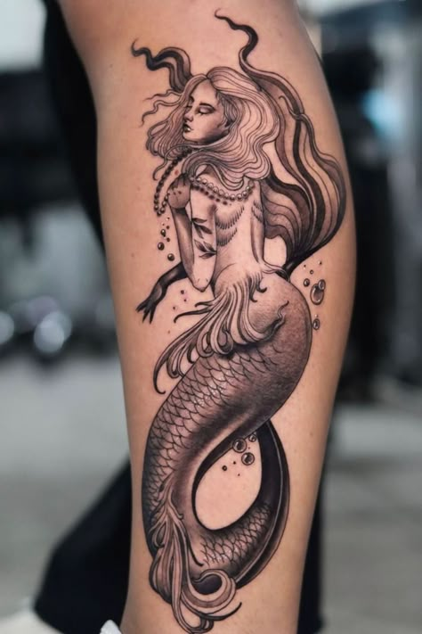 Mermaid Black and Grey Tattoo by First Class Tattoo - NYC Neo Traditional Mermaid, Mermaid Tattoos For Women, Mythical Siren, Traditional Mermaid Tattoos, Traditional Mermaid, Mermaid Sleeve Tattoos, Siren Design, Black Grey Tattoo, Mermaid Tattoo Designs