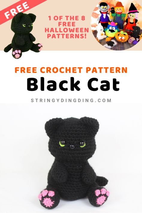 Crochet a cute black cat amigurumi with this FREE pattern! Visit our site to make it now and to see our other 7 free Halloween patterns! Crochet Black Cat Amigurumi, Fat Cat Crochet Pattern, Black Cat Crochet Pattern Free, Black Cat Amigurumi, Crocheted Plushies, Black Cat Crochet, Crochet Black Cat, Cat For Halloween, Cat Patterns