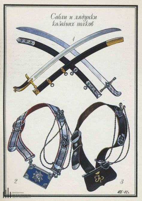 SABERS AND POUCHES FOR COSSACK REGIMENTS. 1. Cossack sabers of non-regulation patterns; 2. LG Cossack Rgt. ammunition pouch; 3. Cossack ammunition pouch Non Uniform, Napoleonic Wars, Russia, Pouch