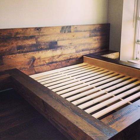 Wall-to-wall headboard from last week in reclaimed fir (stained) #woodsandgoods Wooden Bed Frame Diy, Diy Bed Frame Plans, Diy Platform Bed Frame, Making A Bed Frame, Diy King Bed, Diy King Bed Frame, Diy Bed Frame Easy, Wood Bed Frame Diy, Homemade Beds