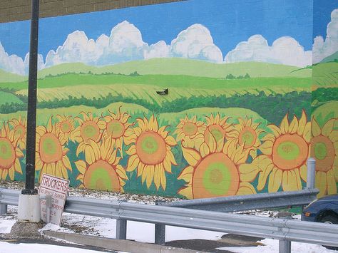 Sunflower mural by tobo, via Flickr Chicken Mural Art, Sunflower Murals, Sunflower Mural, Farm Mural, Magical Bedroom, Garden Mural, Farm Stand, Farm Theme, Sunflower Fields