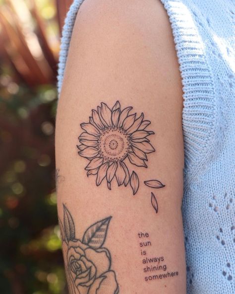 Sunflower Back Arm Tattoo, Sunflower Tattoo On Arm For Women, Medium Size Forearm Tattoos For Women, Cool Arm Tats For Women, Up Arm Tattoo Woman, Tattoos Bicep Women, Back Of Arm Tattoos For Women Upper, Multiple Tattoos On Arm Women, Small Fore Arm Tattoos For Women