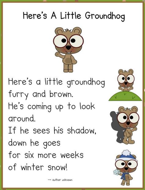 Groundhog Day - 14 Heads Up Ideas - Groundhog poem - Teach Junkie Ground Hog Day Crafts, Kindergarten Groundhog Day, Preschool Groundhog, February Lesson Plan, February Lessons, Kindergarten February, Groundhog Day Activities, February Ideas, February Crafts