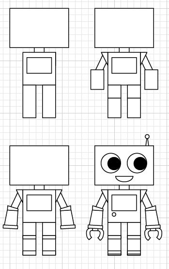 Quadrilateral Robot Art Projects, How To Draw A Robot, Robot Drawing Easy, Cute Robot Drawing, Robot Drawing Ideas, Robots Art Drawing, Design Drawing Easy, Draw Robot, Drawing Ideas Cute