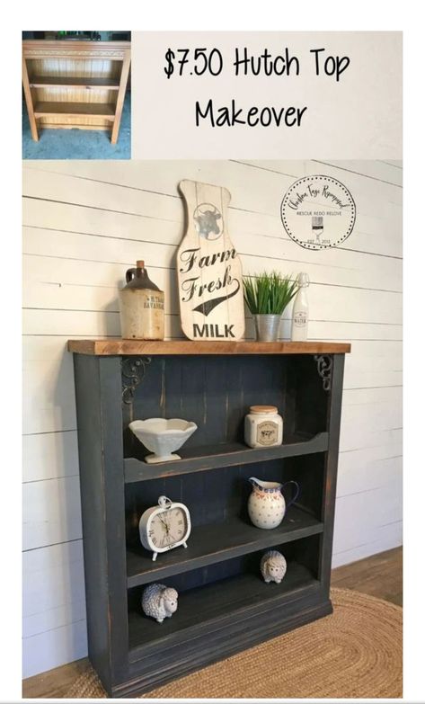 Bookshelf Makeover Ideas, Bookcase Makeover Ideas, Hutch Top Makeover, Diy Bookshelf Makeover, Diy Bookcase Makeover, Painted Bookcases, Repurposed Hutch, Farmhouse Bookcase, Shelf Shoes