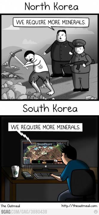 Sad but true... North Vs South, Starcraft 2, Happy Cartoon, North Korean, Gaming Memes, North Korea, Funny Animal Pictures, Funny Images, Animal Pictures