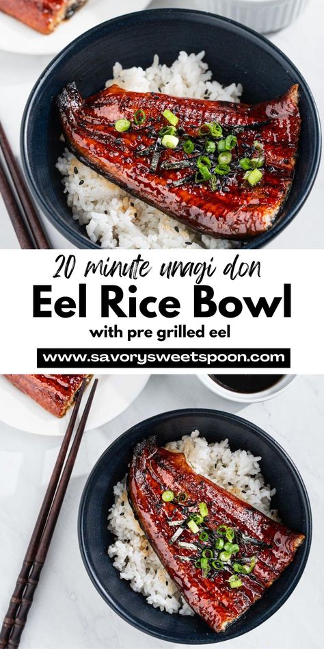 Unadon (or unagi don) is a Japanese grilled eel rice bowl that's incredibly flavorful and effortless to make. In just about 20 minutes, you can whip up this mouthwatering dish that combines tender, caramelized pre grilled eel with steamed rice and a luscious eel sauce for a tasty meal. Eel Rice Bowl, Eel Recipe, Unagi Don, Eel Recipes, Grilled Eel, Eel Sushi, Eel Sauce, Japanese Soup, Crispy Pork