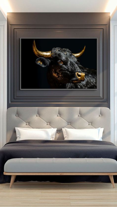 Bull Decor, Gold Horns, Black Bull, Farmhouse Wall Decor, Large Canvas Prints, Office Walls, Office Wall Art, Large Canvas, Black Canvas