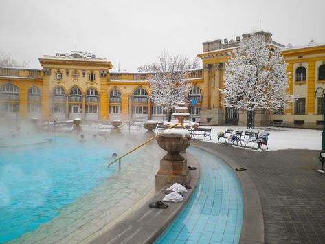 Budapest Baths, Budapest Thermal Baths, Chimney Cakes, Things To Do In Budapest, To Do In Budapest, Buda Castle, Snowy Christmas, Thermal Bath, Snowy Winter