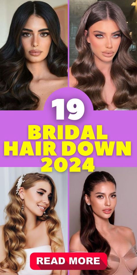 Make a stunning entrance on your wedding day with bridal hair down in 2024. This timeless hairstyle suits long hair of all colors, but long brunette locks, in particular, create a striking contrast. Choose between classic, modern, or boho styles, and enhance your look with a veil or elegant tiara. Beach Wedding Hairstyles For Long Hair Bridesmaid, Hairdo Down Wedding, Veil With Long Hair Down, Bridal Hair Down Wavy Loose Curls, Elegant Down Hairstyles Wedding, Modern Hairstyles For Wedding, Wedding Day Hair Medium Length, Pinned Back Bridal Hair, Elegant Hair Wedding