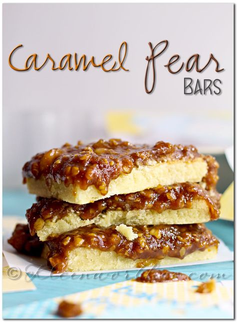 Caramel Pear Bars @ Kleinworth & Co. Pear Bars, Caramel Bars Recipe, Recipe For Caramel, Caramel Pears, Simple Desserts, Shortbread Bars, Caramel Bars, Buttery Shortbread, Caramel Recipes