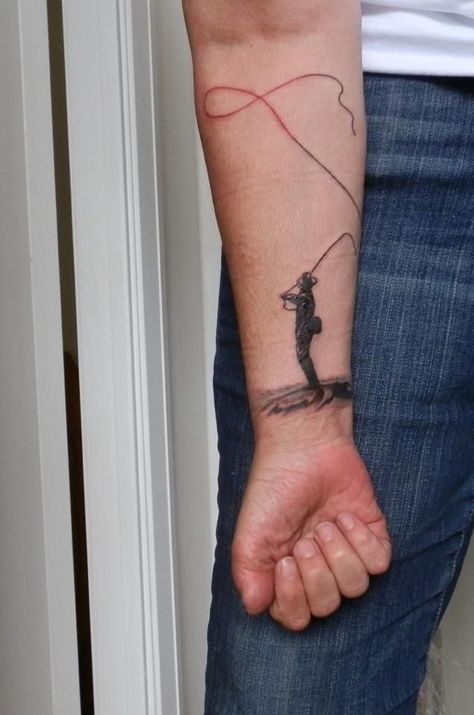 Trout Fly Tattoo, Fly Fisherman Tattoo, Flyfishing Tattoo, Fly Fishing Tattoos, Fishing Rod Tattoo, Tattoo Fishing, Fisherman Tattoo, Fish Tattoo Ideas, Trout Tattoo