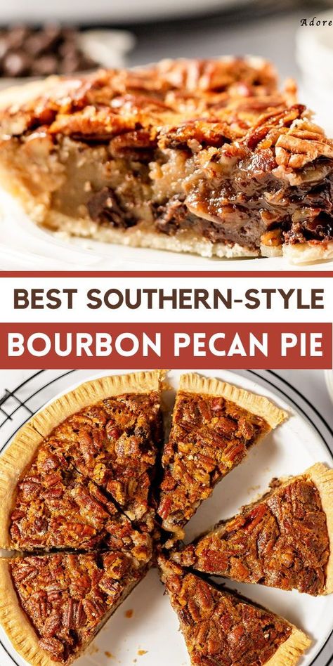 Classic Southern bourbon pecan pie, the perfect Thanksgiving dessert. This homemade pie is easy to make and perfect for holiday gatherings, offering the ideal combination of nutty sweetness and a smooth bourbon kick. A must-try recipe this pie is sure to become a traditional holiday favorite. Enjoy the festive season with a slice of this sweet and dessert that's perfect for Thanksgiving. #BourbonPecanPie #ThanksgivingDessert #HolidayBaking #ClassicPies #SouthernDesserts Southern Living Bourbon Pecan Pie, Bourbon Pumpkin Pecan Pie, Pecan Pie Recipe Bourbon, Golden Eagle Pecan Pie, Southern Bourbon Pecan Pie, Mini Bourbon Pecan Pies, Pecan Pie Bourbon, Peacon Pie Recipes, Southern Living Recipes Desserts