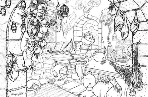 Everything I Wanted, Witch Room, صفحات التلوين, Detailed Coloring Pages, Black And White Sketches, Background Drawing, Colouring Printables, Work Room, Adult Colouring