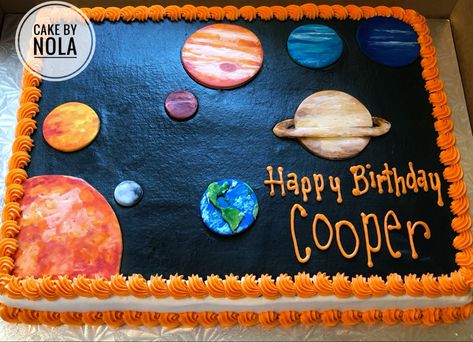 This had to be one my most interesting cake requests…the solar system! Happy birthday, Cooper! …#decoratedcakes #cakedecorating #cakesofinstagram #instacake #cakestagram #decoratedsheetcake #sheetcakesdonthavetobeboring #sheetcake #birthdaycake #marshmallowfondant #handcutfondant #handpaintedfondant #solarsystemcake #decoratedcakes Solar System Cake, Publix Cakes, Space Cupcakes, Planet Birthday, Planet Cake, Galaxy Cake, Birthday Sheet Cakes, Happy 6th Birthday, Outer Space Birthday