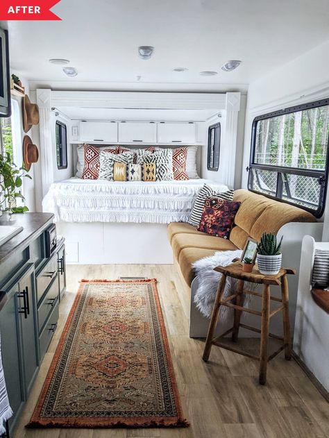 Before & After: An RV Makeover with Boho Style | Kitchn Camper Vintage, Rv Interior Remodel, Camper Trailer Remodel, Caravan Renovation, Diy Camper Remodel, Mobile Home Living, Rv Makeover, Rv Renovations, Camper Makeover