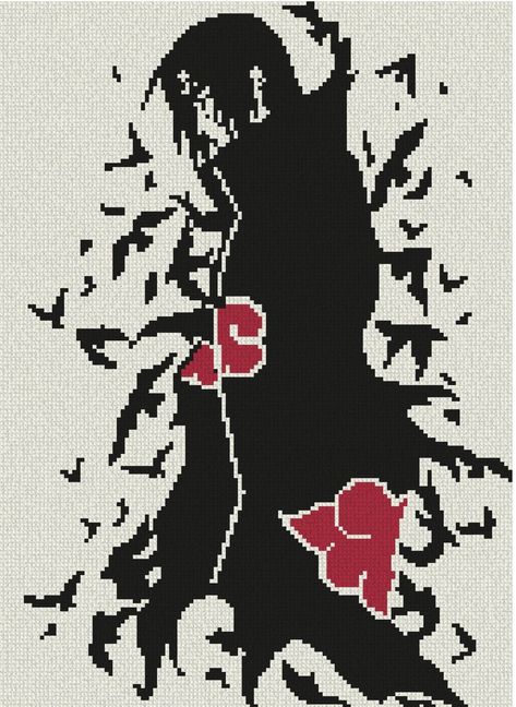 Itachi black and red Cross stitch chart PDF Format Finished embroidery size: 128 pts x 176 pts DMC color Number of A4 pages to print: 5 Pages Itachi Pixel Art, Cross Stitch Patterns Easy, Red Cross Stitch, Easy Perler Beads Ideas, Fair Isle Knitting Patterns, Chinese People, Beads Ideas, Cross Stitch Bookmarks, Stitch Art