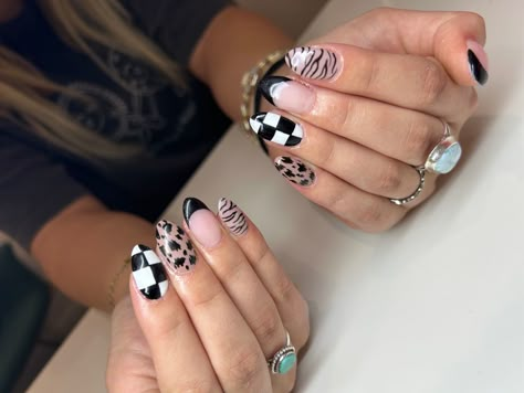 Black French Tip With Design, Zebra Print Nails Designs, Nails For Halloween, Cowboy Nails, Pretty Fingers, Tiger Nails, Natural Nails Manicure, Checkered Nails, Teen Nails