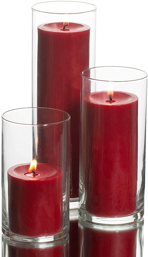 Red Pillar Candles, Pool Candles, Wooden Pillar Candle Holders, Ivory Pillar Candles, Home Weddings, Cylinder Candles, Ivory Candles, Large Candle Holders, Cylinder Vase