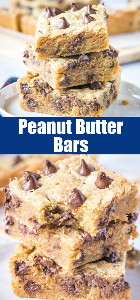 These Peanut Butter Chocolate Chip Bars combines creamy peanut butter with sweet chocolate in every chewy bite. Perfect for satisfying your cravings or sharing with loved ones, these bars are easy to make and absolutely delicious. Peanut Butter Chocolate Chip Bars, Desert Bars, Dessert Squares, Chocolate Chip Blondies, Chocolate Chip Bars, Butter Recipes, Easy To Make Desserts, Holiday Cookie Recipes, Easy Peanut Butter