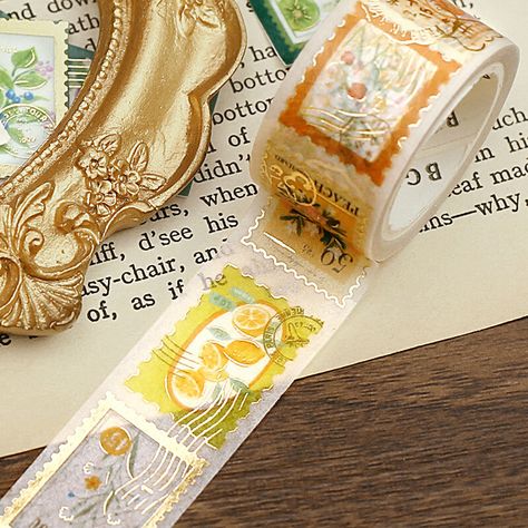 Width: 20 mm Length: 5 m Material: Washi Foil: Gold Yellow Color Palette, Office Stamps, Stamp Pattern, Stationery Obsession, Dessert Illustration, Cute Patches, Japanese Paper, Foil Stamping, Pen And Paper