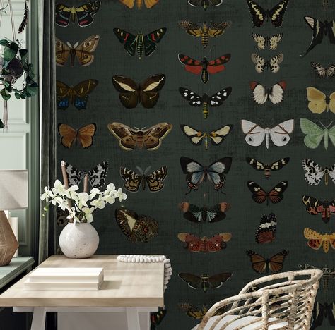 Green Wallpaper Living Room, Dark Green Wallpaper, Wallpaper Dark, Botanical Wallpaper, Wallpaper Peel And Stick, Wallpaper Living Room, Vintage Butterfly, Dream Spaces, Butterfly Wallpaper