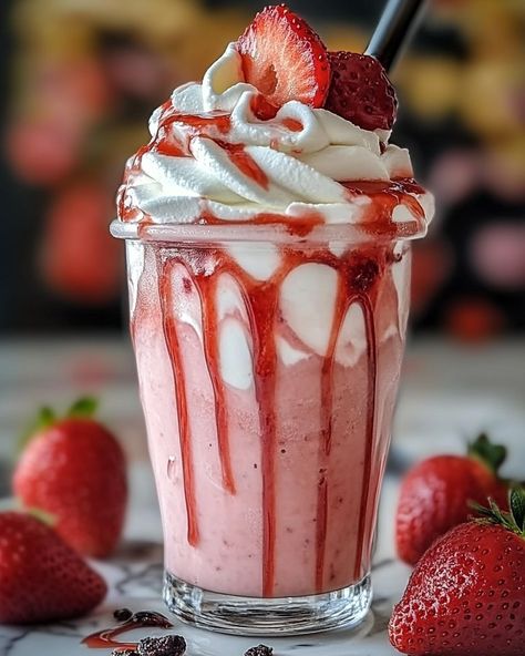 🍓 Strawberries & Cream Frappuccino Ingredients: - 1 cup fresh strawberries, hulled - 1/2 cup milk - 1/2 cup vanilla ice cream - 1/2 cup ice cubes - 2 tablespoons strawberry syrup - Whipped cream for topping - Extra strawberry slices for garnish Instructions: 1. Add strawberries, milk, vanilla ice cream, ice cubes, and strawberry syrup to a blender. 2. Blend until smooth and creamy. 3. Drizzle some strawberry syrup inside a glass for extra flavor. 4. Pour the frappuccino into the glass. 5. T... Strawberry Frappe, Coconut Pound Cakes, Ice Cream Ice, Drink Recipes Nonalcoholic, Random Aesthetics, Strawberry Syrup, Awesome Tattoos, Strawberry Milk, Fresh Strawberries