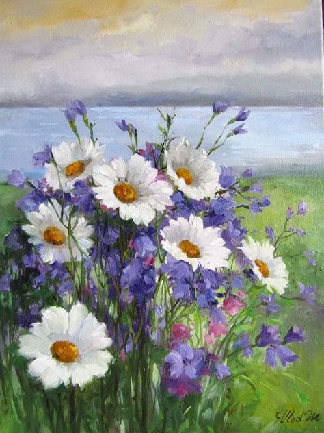 Garden Fence Art, Oil Pastels Painting, Daisy Painting, Flower Painting Canvas, Image Chat, Canvas Painting Landscape, Acrylic Painting Techniques, Acrylic Flowers, Sketch Painting