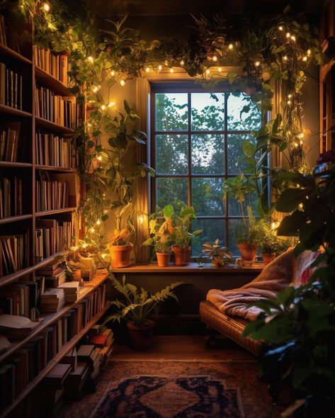 ✨🌱 Credit: @cozywonderspots . . . . . These imaginary scenes were created with the help of various programs 🫶🏻 . #readingnook #timetoread… | Instagram Fairy Lights Reading Nook, Cottagecore Sitting Room, Home Library Decorating Ideas, Y2k Bedroom Decor, Boho Library, Trashy 2000s Aesthetic, Trashy Y2k Bedroom, Dream Home Library, Trashy 2000s