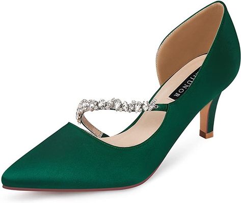 ERIJUNOR Women Mid Kitten Heels Closed Pointy Toe D’Orsay Pumps Wedding Party Shoes Green Wedding Shoes Bride, Holiday Party Shoes, Prom Pumps, Wedding Party Shoes, Holiday Party Fashion, Narrow Shoes, Low Heel Pumps, Green Heels, Green Wedding Shoes