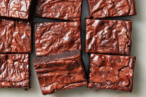 There are many kinds of brownies, but this simple recipe aims for a chewy, fudgy texture with a shiny, crackly top Theories abound on what creates that delectable flaky top layer, but here, it is achieved by dissolving the sugar into the butter, then stirring in chocolate chips until melted Use semisweet chocolate for sweeter brownies, or dark for a slightly more grownup treat, and feel free to stir in 1/2 cup chopped walnuts or pecans before baking if you like a little extra crunch Chewy Brownies Recipe, Salmon And Shrimp, One Pot Dinners, Gluten Free Brownies, Dessert Appetizers, Vegetarian Recipes Easy, Baking Flour, Unsweetened Cocoa, Semisweet Chocolate