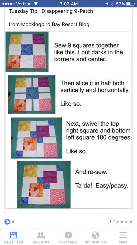 Placemat Ideas, Disappearing 9 Patch, Disappearing Nine Patch, Hand Quilting Patterns, Quilt Blocks Easy, Charm Pack Quilts, 9 Patch Quilt, Free Motion Quilting Patterns, Quilting Blocks