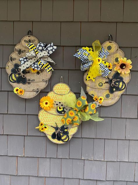 Bee Dollar Tree Diy, Bumble Bee Wreaths, Bee Flower Arrangements, Beehive Wreath Dollar Tree, Bee Hive Wreath Diy Dollar Tree, Bumble Bee Wreath Ideas, Dollar Tree Bee Wreath Form, Dollar Tree Bumble Bee Wreath, Beehive Wreath