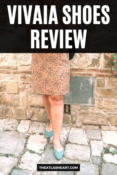 The lower half of a woman wearing a cheetah-print dress wearing a pair of teal Vivaia flats and standing against a wall on a cobblestone street, with the text overlay, "Vivaia Shoes Review." Flat Shoes Outfit, Recycled Shoes, Sustainable Shoes, Millennials Fashion, Flats Outfit, Paris Shopping, Outfit Check, Shoes Outfit, Sustainable Brand