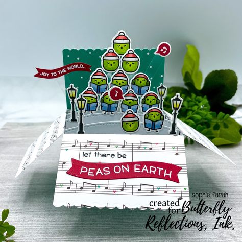 Let There be Peas on Earth! Peas On Earth, Bouquet Box, Artist Markers, Lawn Fawn Stamps, Pop Up Box Cards, Lawn Fawn Cards, Christmas Rose, Shaped Cards, Christmas Hanukkah