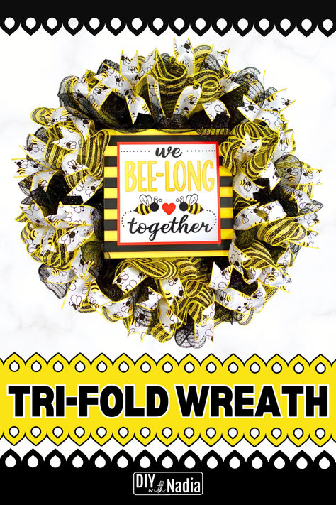 NEW Deco Mesh TRI FOLD WREATH | Bee Theme DIY Tutorial Bee Wreaths, Making Mesh Wreaths, Deco Mesh Wreaths Diy, Deco Wreaths, Mesh Wreath Diy, Bee Wreath, Summer Wreaths, Wreaths Diy, Pipe Cleaners