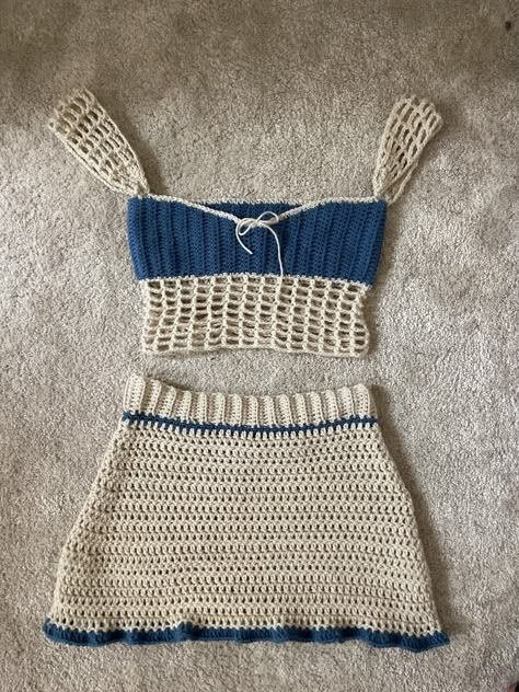 This is hand crocheted from scratch. Took me ten hours to complete. Size M/L. Crochet Skirt And Shirt Set, Crochet Skirt Pattern Granny Square, Crochet Set Outfit Skirts, Crochet Top And Skirt Set, Crochet Patterns Skirt, 2 Piece Crochet Outfit, Crochet Beach Set, Crochet Skort, Crochet Two Piece Outfit