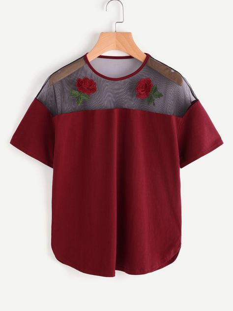 Shop Embroidered Rose Applique Mesh Shoulder T-shirt online. SheIn offers Embroidered Rose Applique Mesh Shoulder T-shirt & more to fit your fashionable needs. Red Mesh Top, Rosabella Beauty, Applique Top, Between Two Worlds, Embroidered Rose, Rose Applique, Rose Shirts, Embroidery Top, Women T Shirts