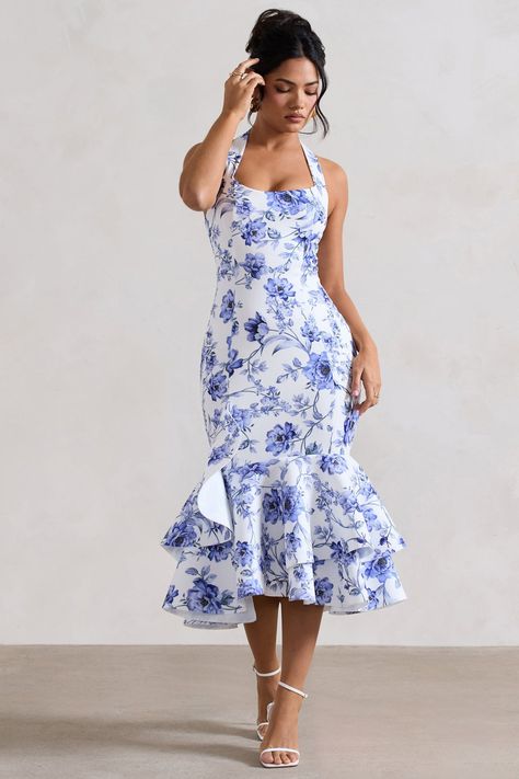 Arla Blue Floral Halter-Neck Ruffle Trim Midi Dress – Club L London - AUS