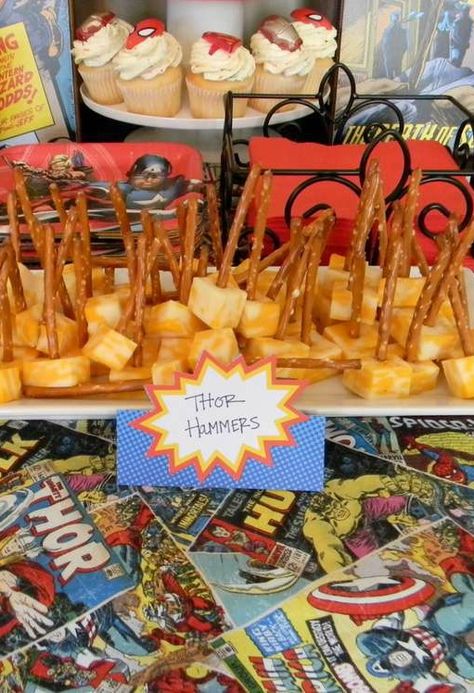 Thor hammers at a Superheroes Birthday Party! See more party planning ideas at CatchMyParty.com! Superheroes Birthday Party, Marvel Party, Avenger Birthday Party, Avengers Party, Avengers Birthday, Batman Birthday, Veggie Tray, Superhero Birthday Party, 6th Birthday Parties