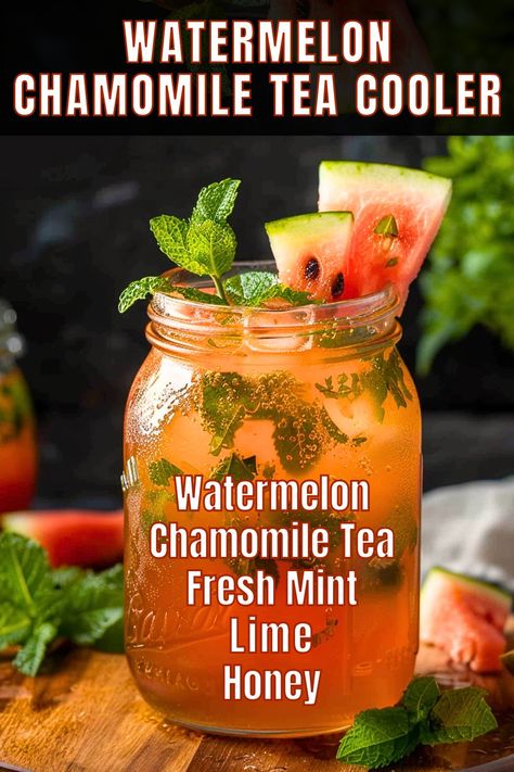 Refresh and unwind with Watermelon Chamomile Tea Cooler, a perfect blend of juicy watermelon and soothing chamomile tea. This easy-to-make recipe offers a delightful way to cool down on hot days, combining the hydrating benefits of watermelon with the calming effects of chamomile for a refreshing summer drink. Sun Tea Recipes Homemade, Iced Chamomile Tea Recipes, Watermelon Tea Recipe, Refreshing Summer Drinks Healthy, Chamomile Tea Recipe, Watermelon Tea, Fruit Tea Recipes, Tea Drink Recipes, Drinks Ideas