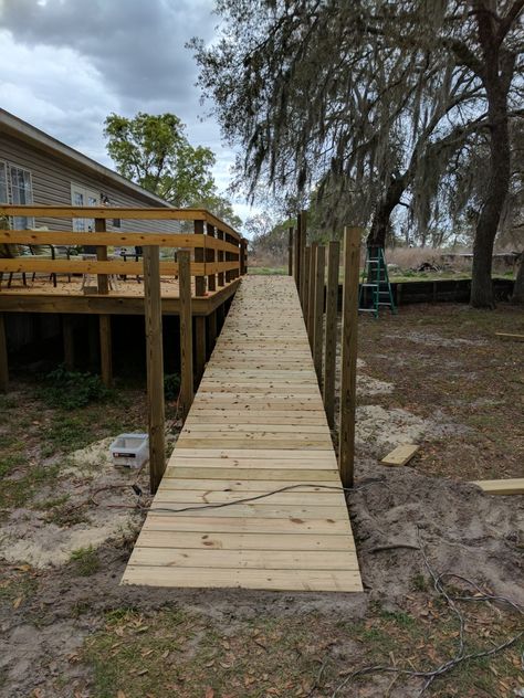 Garden Ramps Wheelchair, Stairs With Ramp, Deck Ramp Ideas, Farmers Porch Ideas, Deck With Ramp, Porch Ramp, Wheelchair Ramp Diy, Porch With Ramp, Stairs To Attic