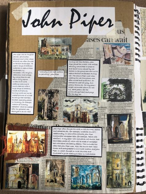 John Piper Artist Research Page, Gcse Architecture Sketchbook, Gsce Art Background Ideas, Artist Study Gcse Sketchbook Ideas, Gcse Art Sketchbook Layout Grade 9 Artist Research, Gcse Textiles Sketchbook Grade 9, Grade 9 Art Gcse Sketchbook, Gcse Art Artist Research Page, Gcse Art Sketchbook Layout Grade 9