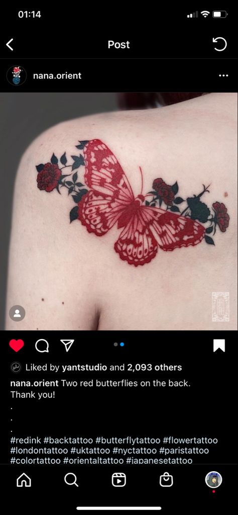 Red Ink Butterfly Tattoo, Red Ink Butterfly, Ink Butterfly, Paris Tattoo, Tattoo Red, Nyc Tattoo, London Tattoo, Moth Tattoo, Red Butterfly