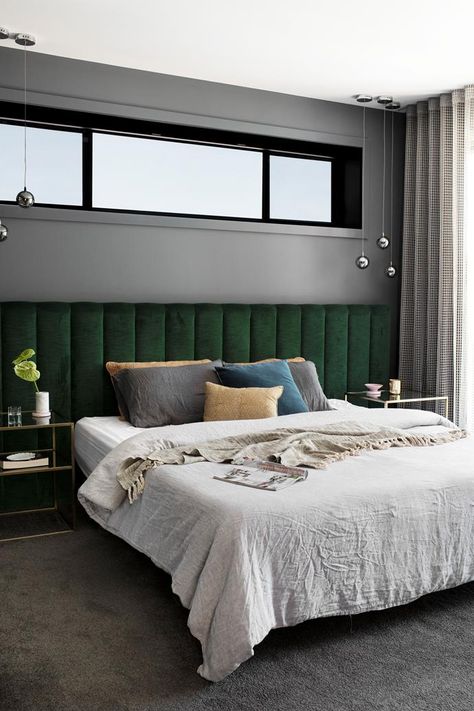 L Bedroom Ideas, Velvet Bedroom Ideas, Blue Bedhead, Bedhead Ideas, Queensland House, Velvet Bedhead, Emerald Bedroom, Perth House, Parisian Kitchen