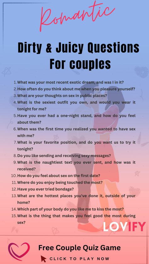 "Add some excitement to your relationship with these playful and intriguing questions for couples! 💑🔥 From teasing fantasies to cheeky confessions, explore new depths of intimacy and connection together. Get ready for some juicy conversations that'll spice up your bond! #CoupleTalks #IntimateConnections #SpiceItUp #LoveAndPassion" Couples Questions Dirty, Juicy Questions To Ask Your Boyfriend, Never Have I Ever Questions Juicy, Talking Phase, Mind Elevation, Fun Relationship Questions, Fun Couples Quiz, Juicy Questions, Dirty Questions