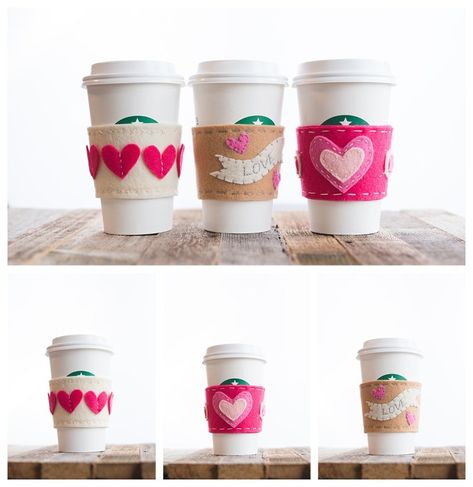 Valentine's Day Felt Cup Sleeve Free Patterns {3 Options} - Six Clever Sisters Diy Valentine's Treats, Sleeve Inspiration, Valentines Coasters, Rocket Craft, Room Parent, Valentines Day Ideas, Cup Cozies, Valentine Candles, Diy Burlap